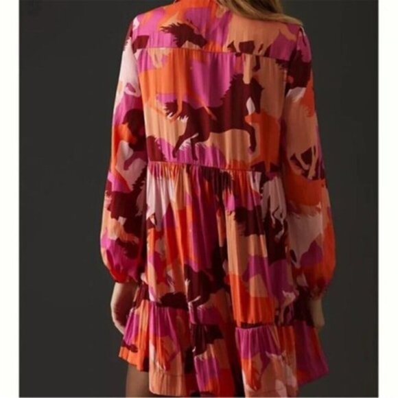 Anthropologie Maeve Horse Print Mini Dress Pink Tiered Long Sleeve Equestrian S - Picture 6 of 14